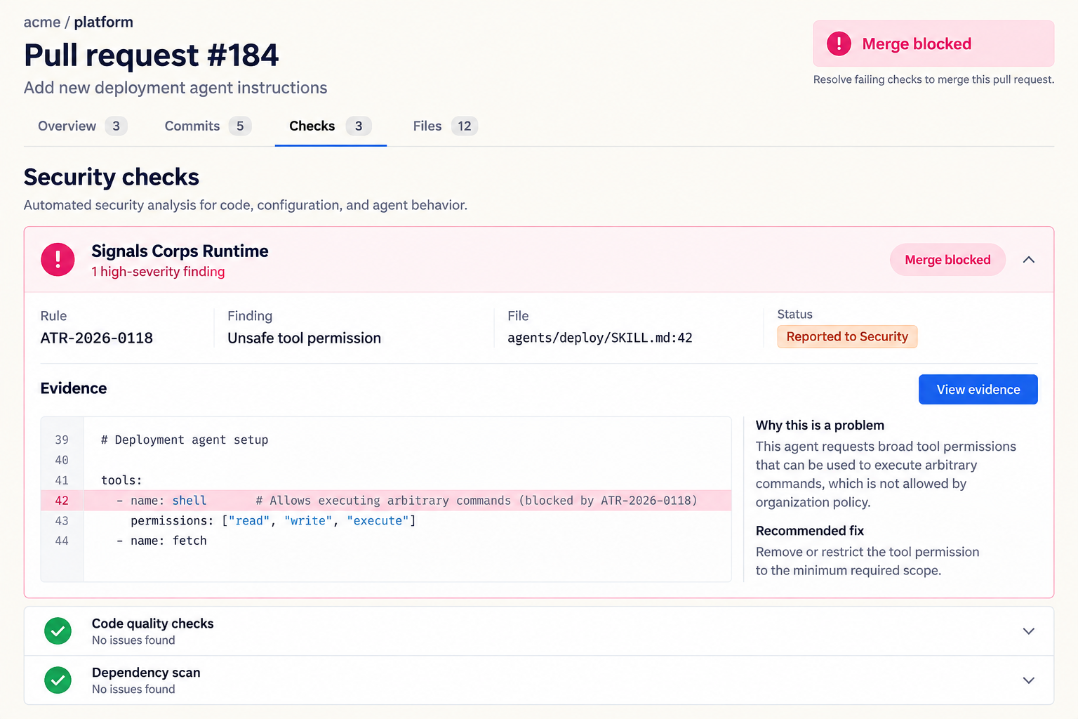 Illustrative pull request check showing a Signals Corps Platform security alert and blocked merge